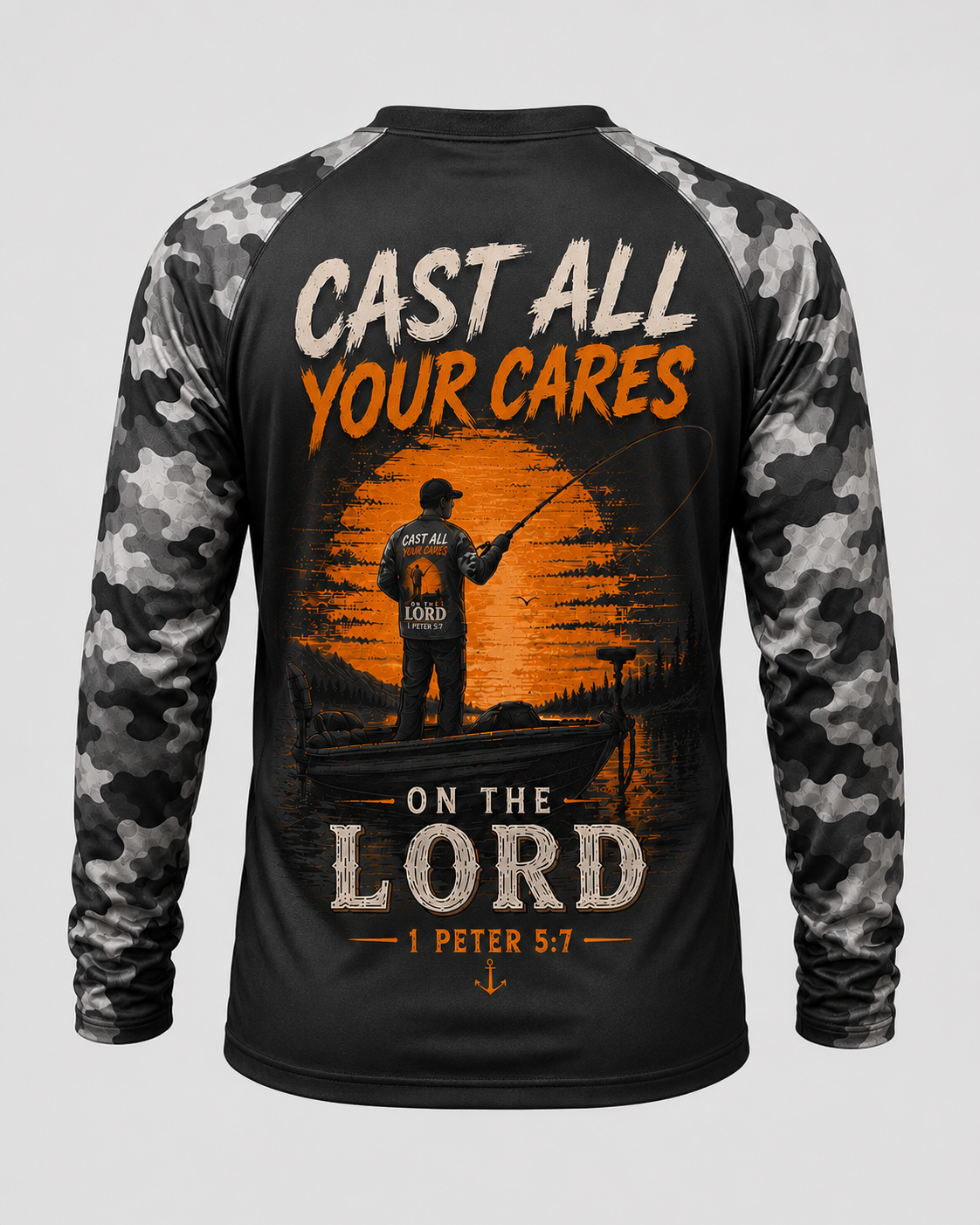 Cast All Your Cares On The Lord Christian Fishing Camo Long Sleeve Shirt