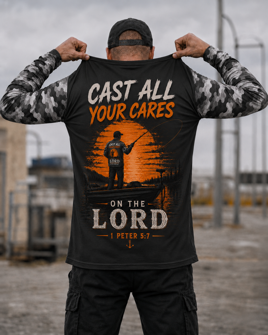 Cast All Your Cares On The Lord Christian Fishing Camo Long Sleeve Shirt