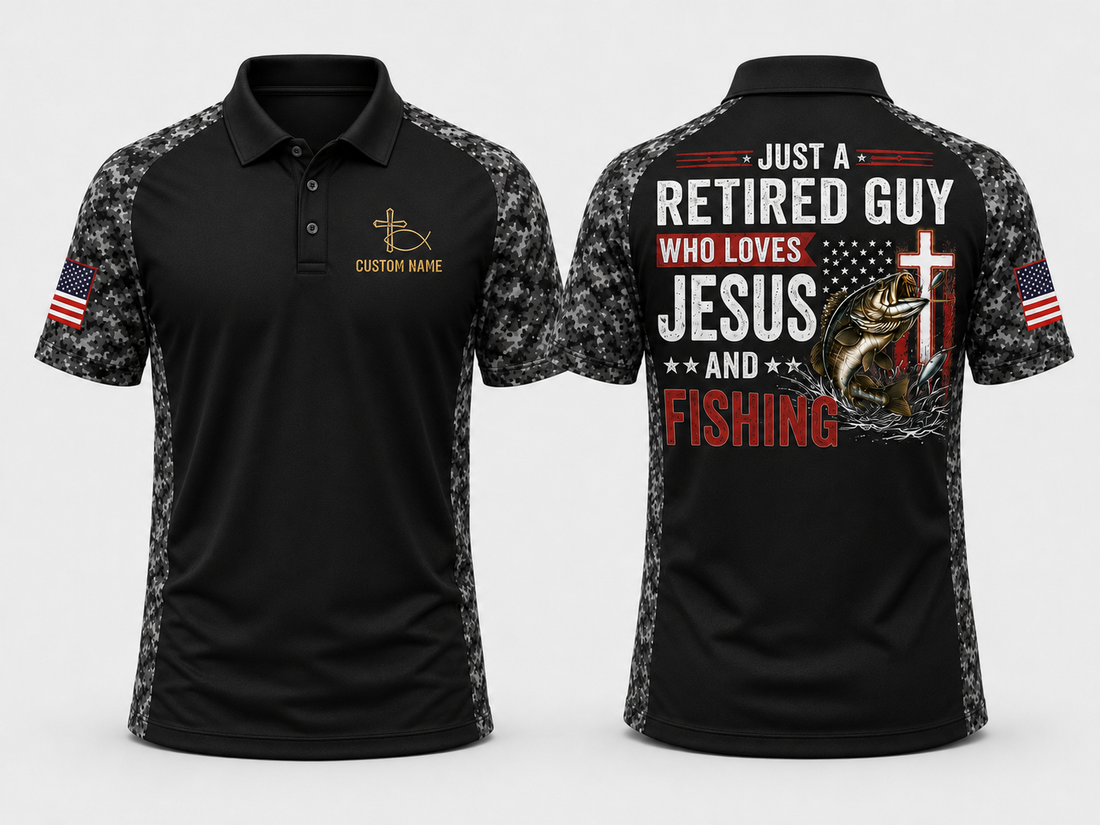Just a Retired Guy Who Loves Jesus and Fishing Polo Shirt