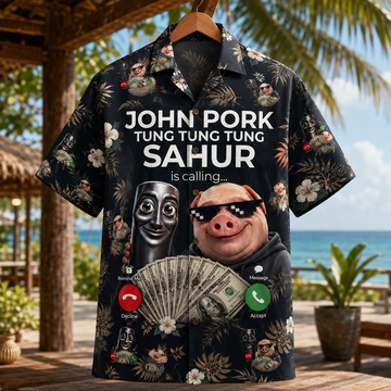 Tung Tung Tung Sahur John Pork Meme Brainrot Calling Hawaiian Shirt
