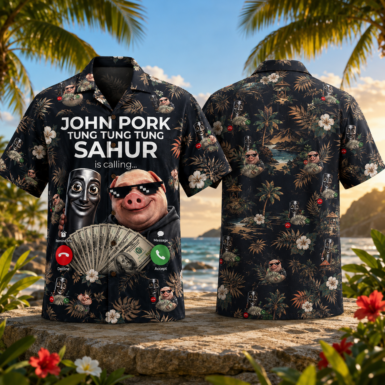 Tung Tung Tung Sahur John Pork Meme Brainrot Calling Hawaiian Shirt