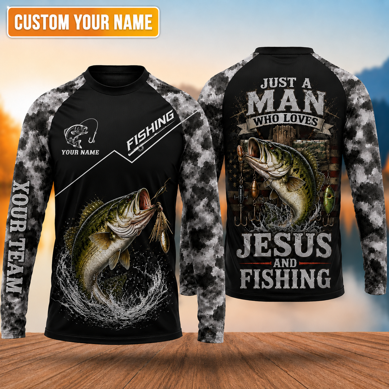 Personalized Jesus and Fishing Shirt, Custom Name & Team Name Fishing Long Sleeve  (12 Fish Types)