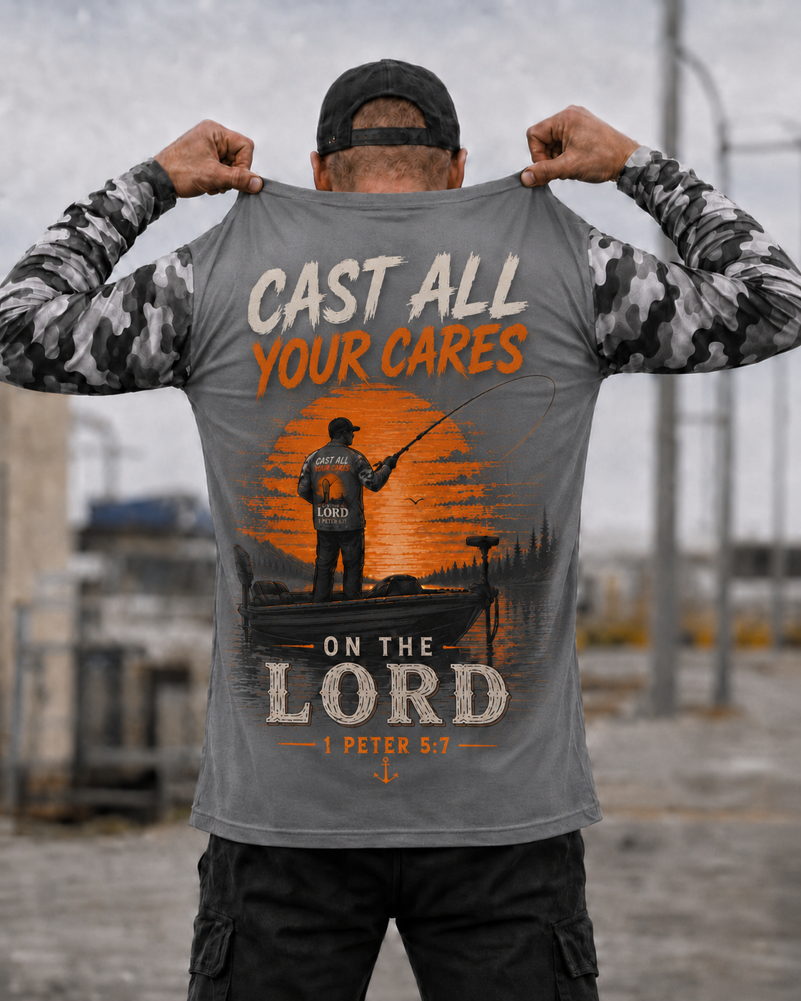 Cast All Your Cares On The Lord Christian Fishing Camo Long Sleeve Shirt