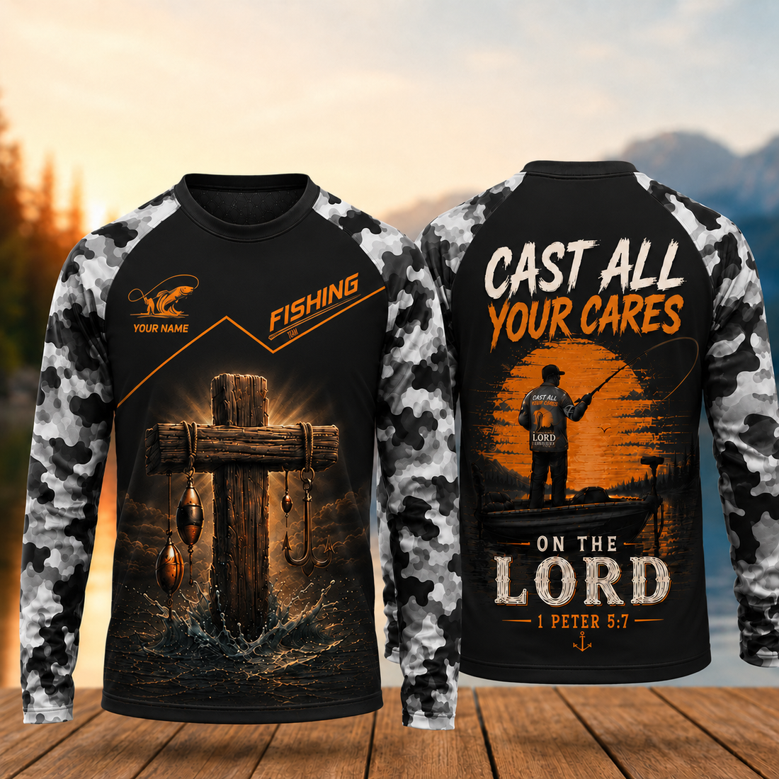 Cast All Your Cares On The Lord Christian Fishing Camo Long Sleeve Shirt