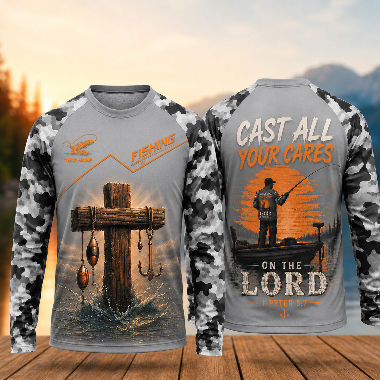 Cast All Your Cares On The Lord Christian Fishing Camo Long Sleeve Shirt