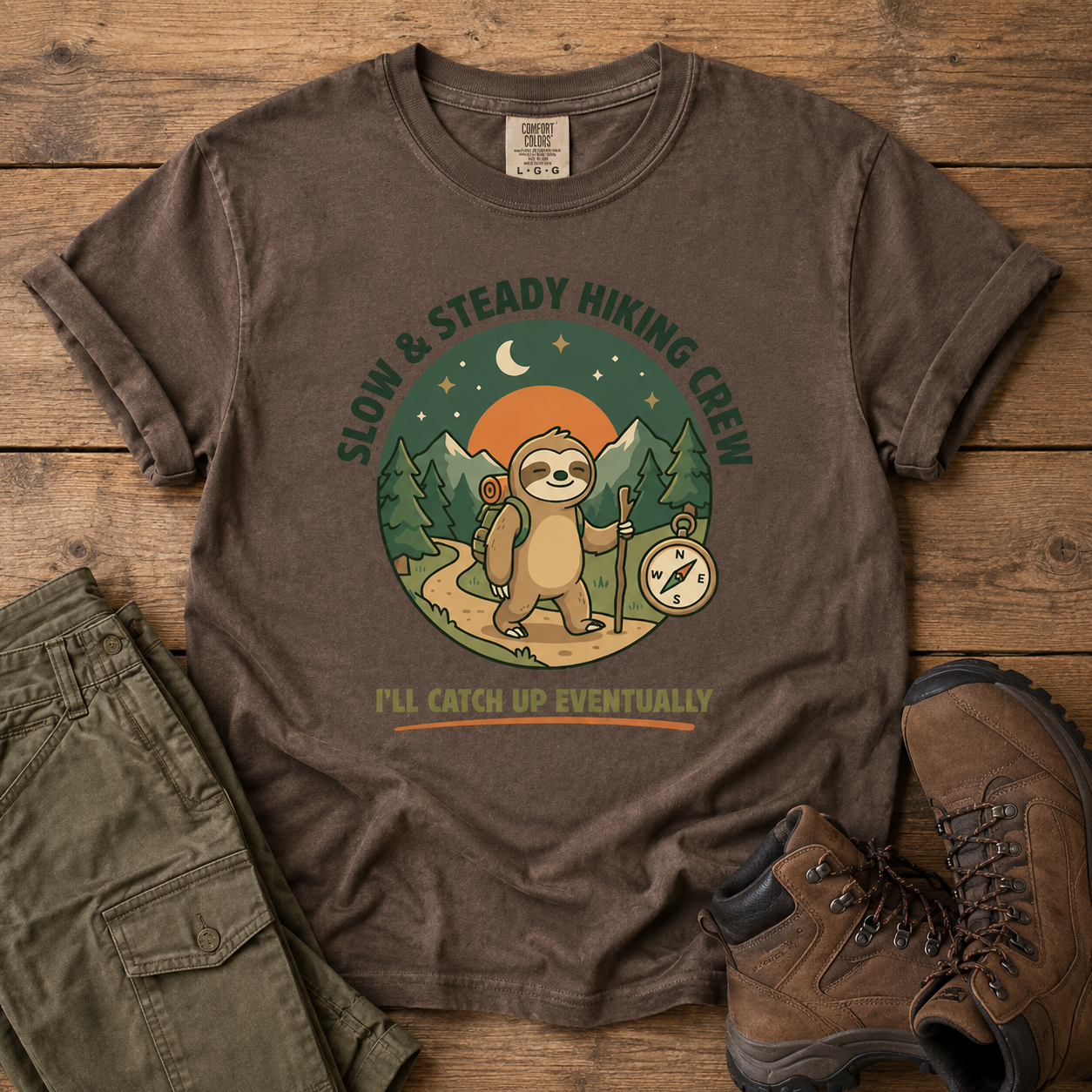 Comfort Colors Funny Sloth Hiking Slow And Steady Crew Trail Humor