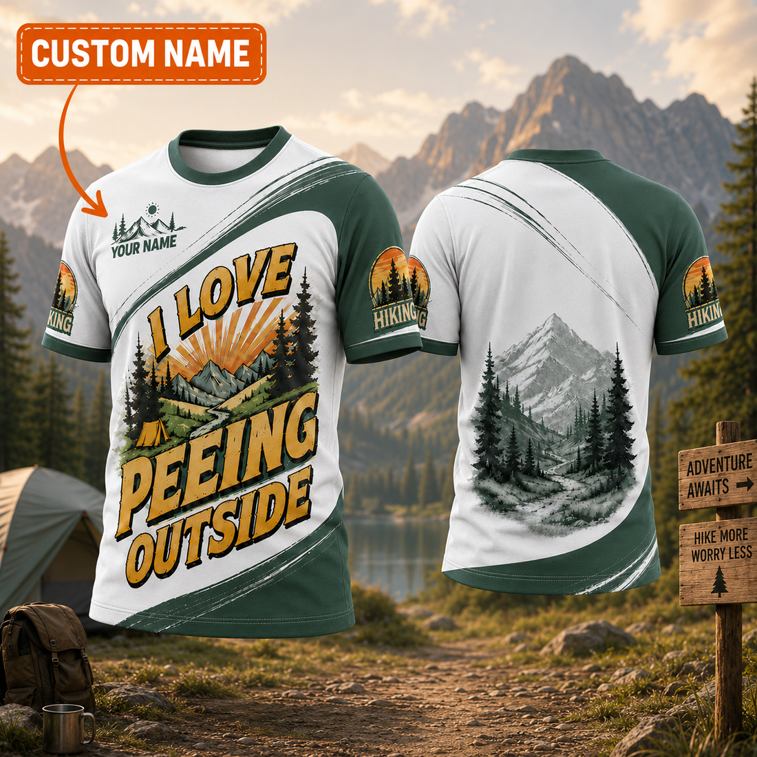 Personalized Hiking All Over Print Unisex T-Shirt, Custom Text Outdoor Adventure Shirt