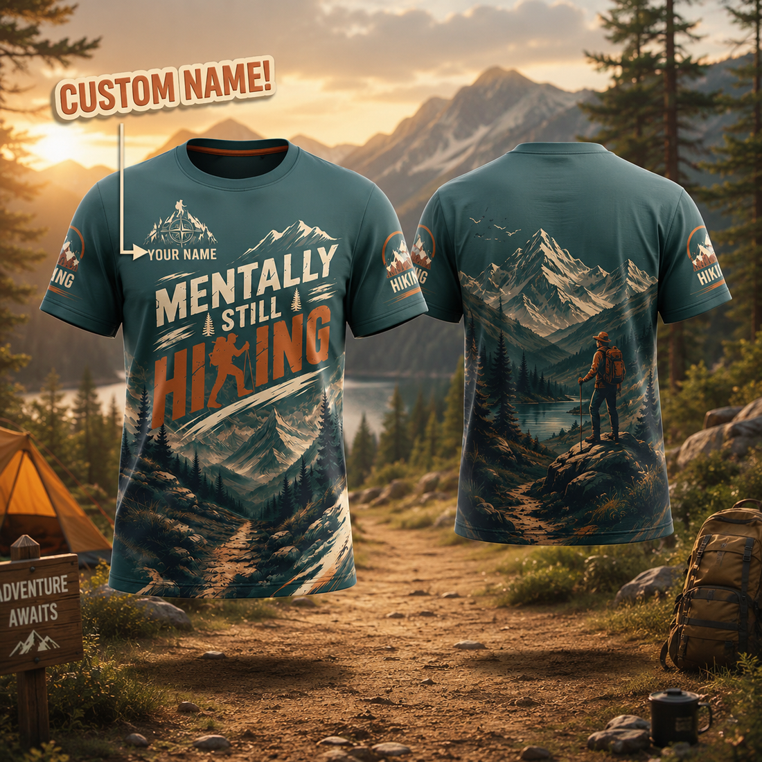Personalized Hiking All Over Print Unisex T-Shirt, Custom Text Outdoor Adventure Shirt