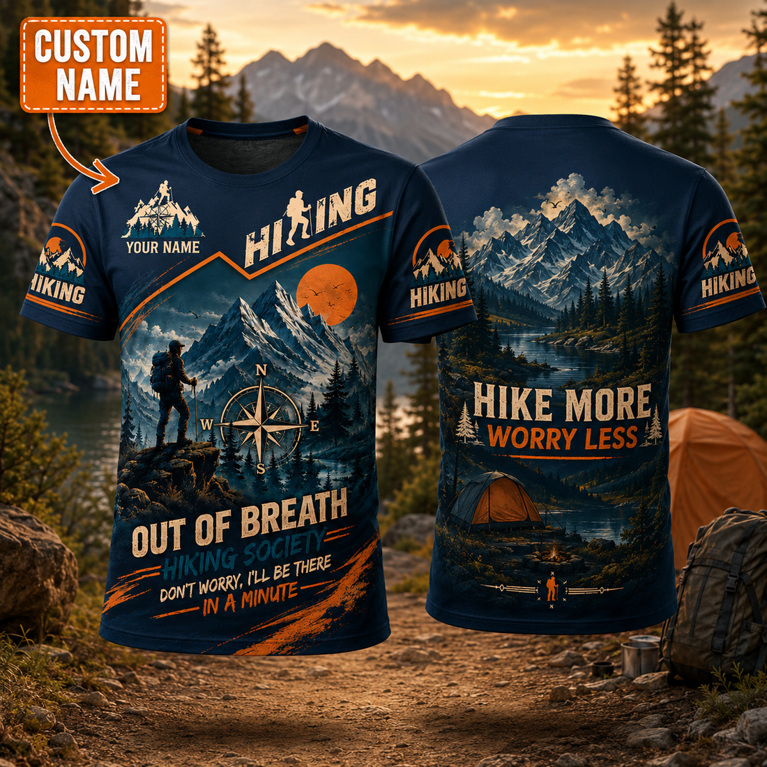 Personalized Hiking All Over Print Unisex T-Shirt, Custom Text Outdoor Adventure Shirt