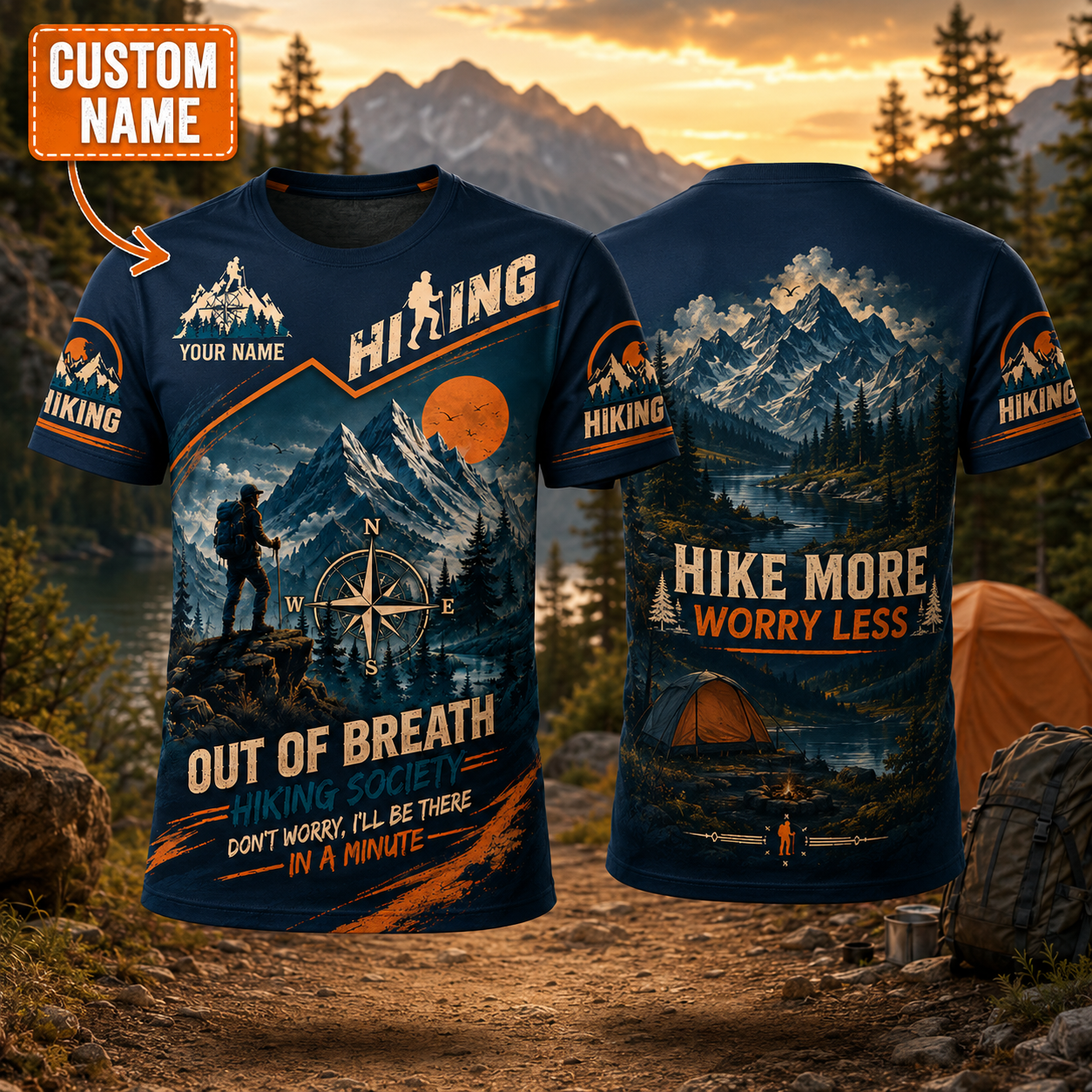Personalized Hiking All Over Print Unisex T-Shirt, Custom Text Outdoor Adventure Shirt