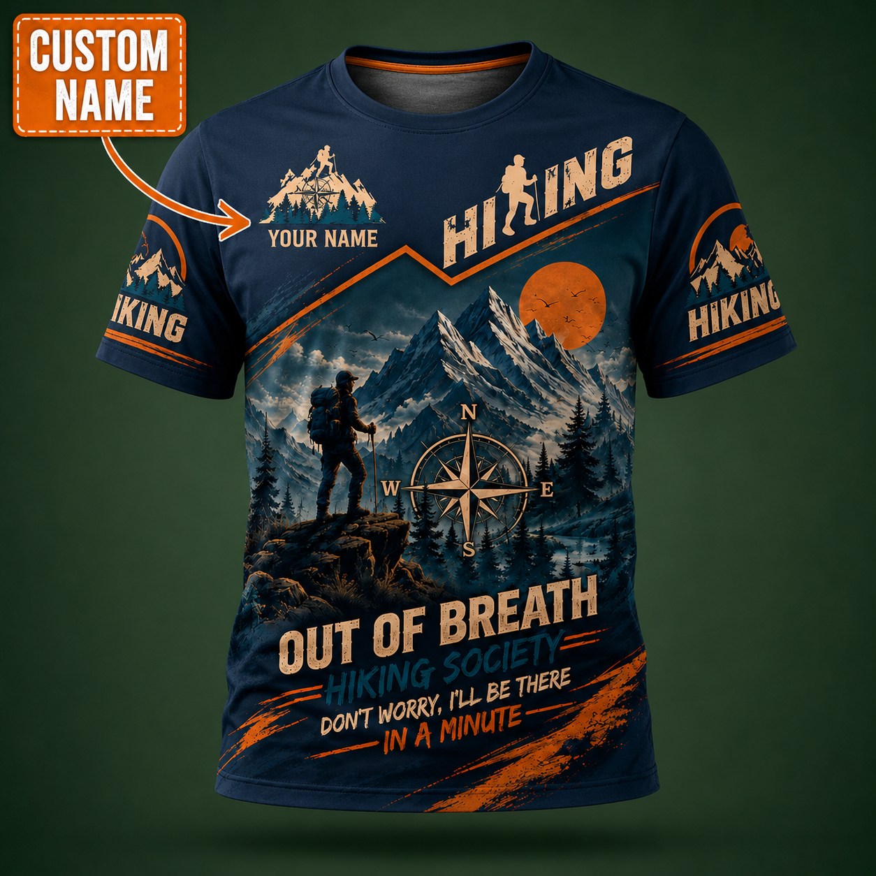 Personalized Hiking All Over Print Unisex T-Shirt, Custom Text Outdoor Adventure Shirt