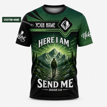 Personalized Hiking All Over Print Unisex T-Shirt, Custom Text Outdoor Adventure Shirt