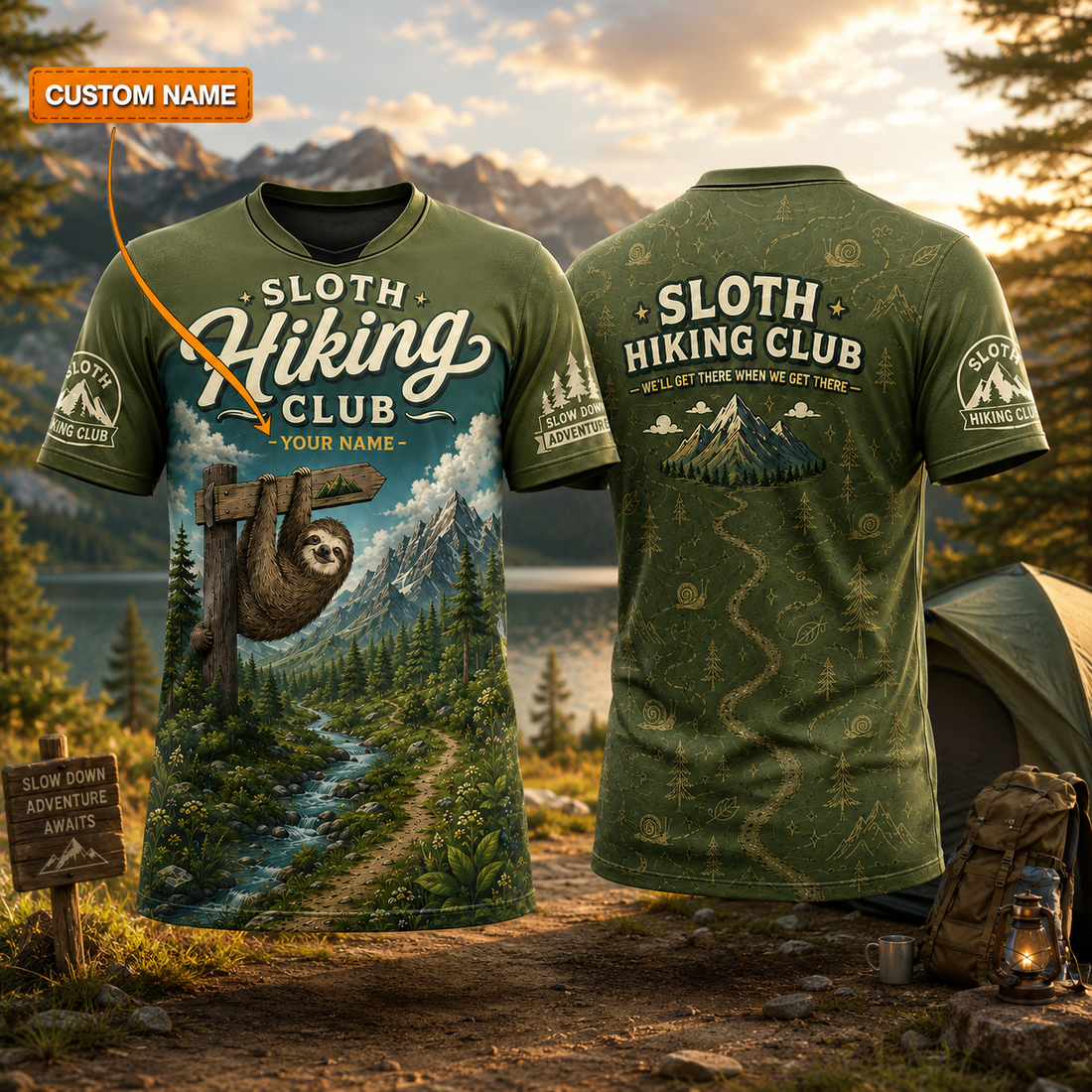 Personalized Hiking All Over Print Unisex T-Shirt, Custom Text Outdoor Adventure Shirt