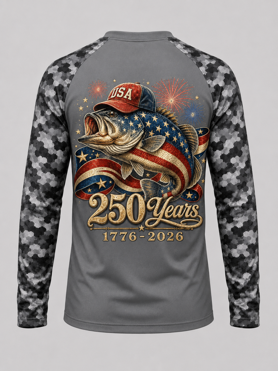 250 America 1776 2026 Bass Fishing USA Flag 250th Birthday