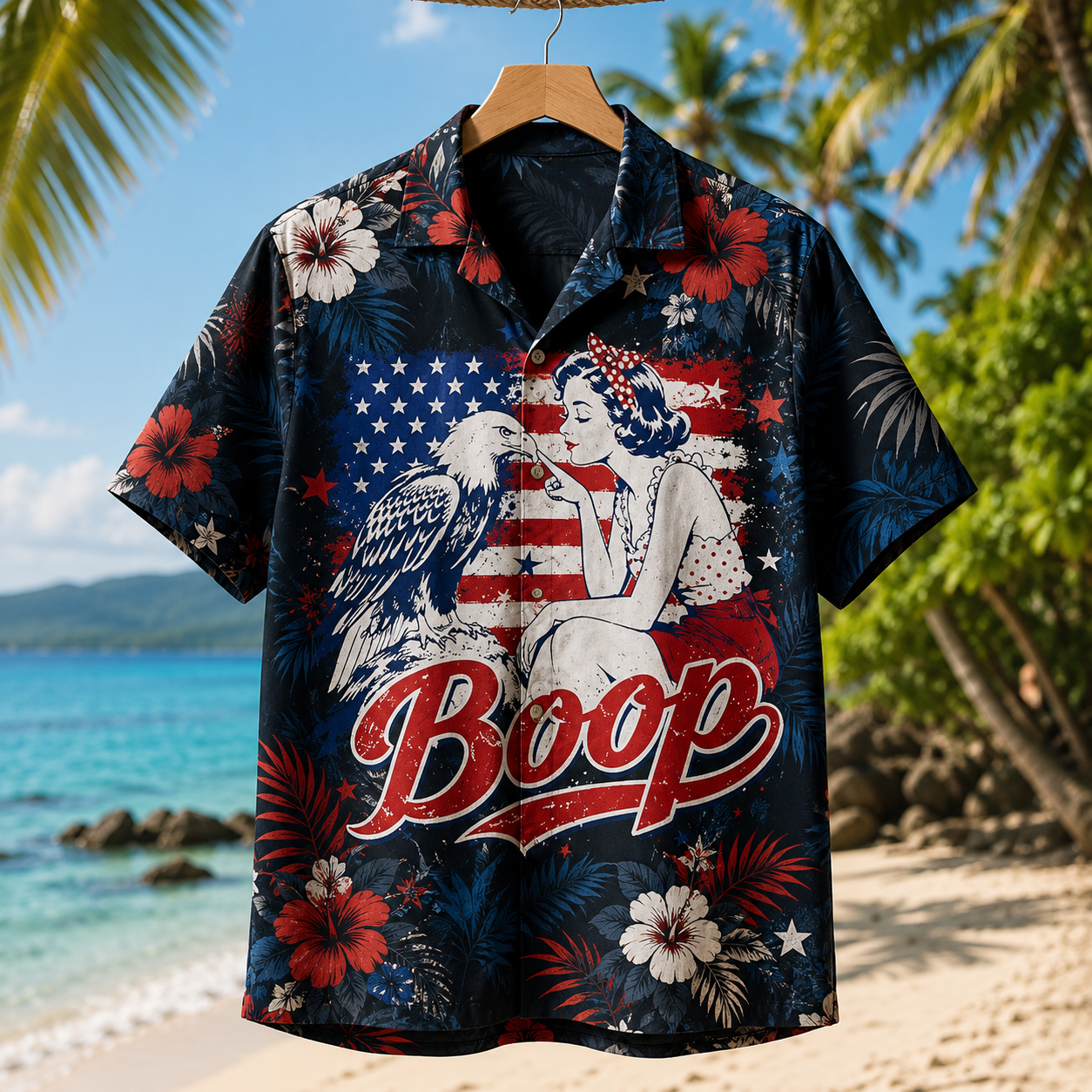 Funny Hand Boop Nose Girl Eagle Funny Patriotic 4th of July Hawaiian Shirt