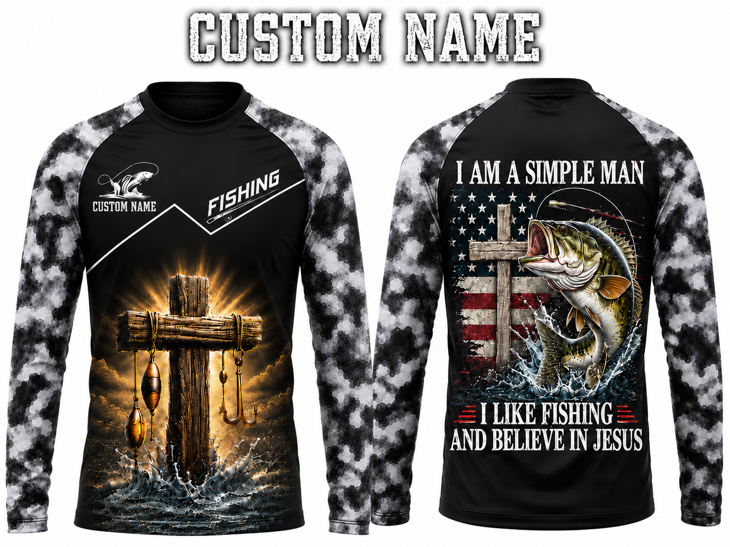 Personalized Simple Man Love Jesus and Fishing Shirt, Custom Name & Team Name Fishing Long Sleeve (12 Fish Types)