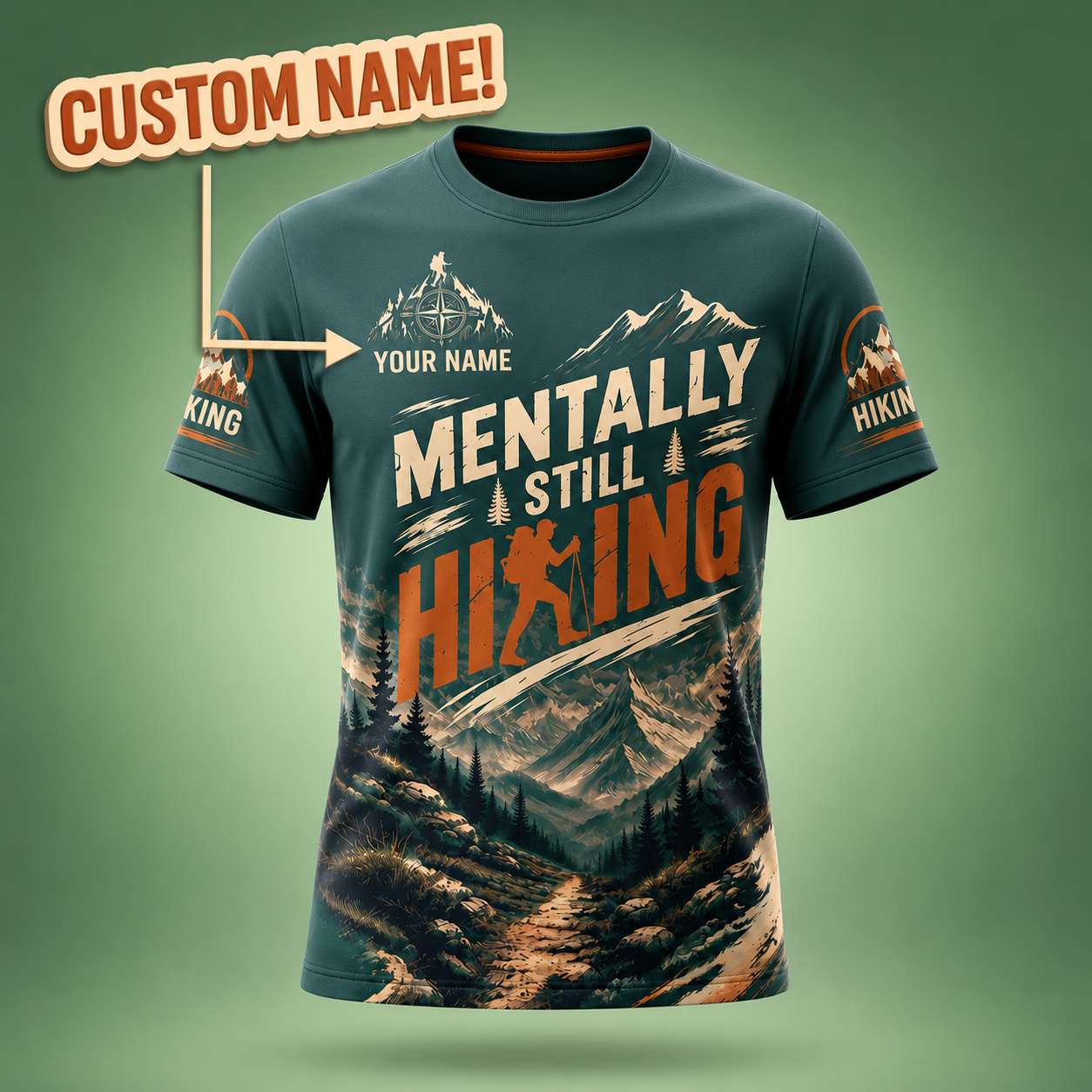 Personalized Hiking All Over Print Unisex T-Shirt, Custom Text Outdoor Adventure Shirt