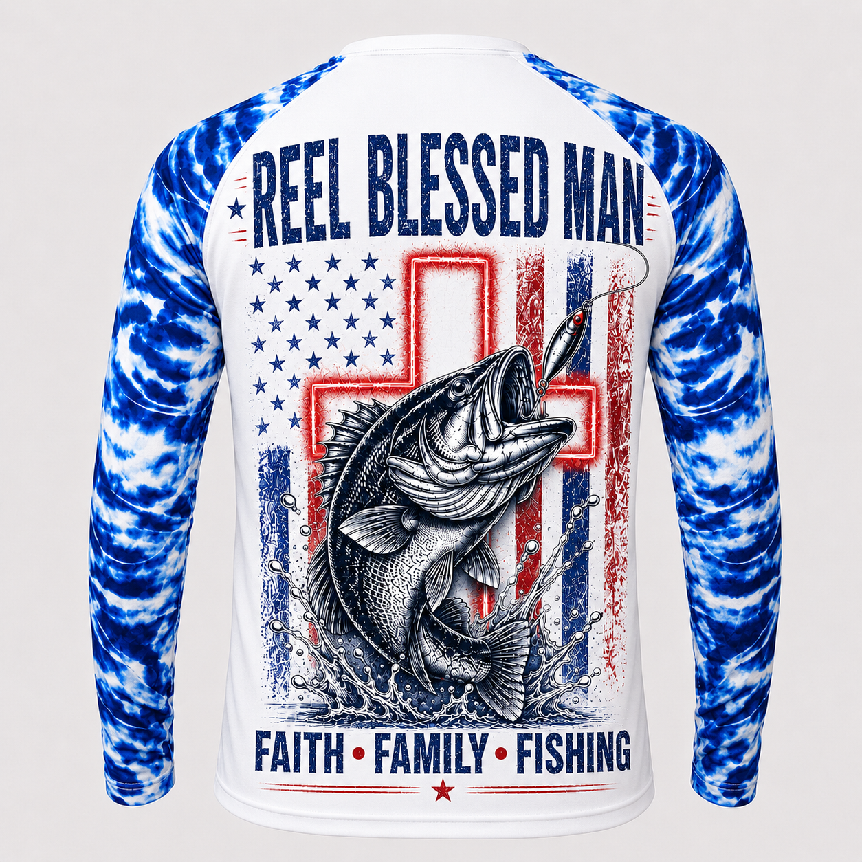 Reel Blessed Man Faith Family Fishing American Flag- Performance Shirt