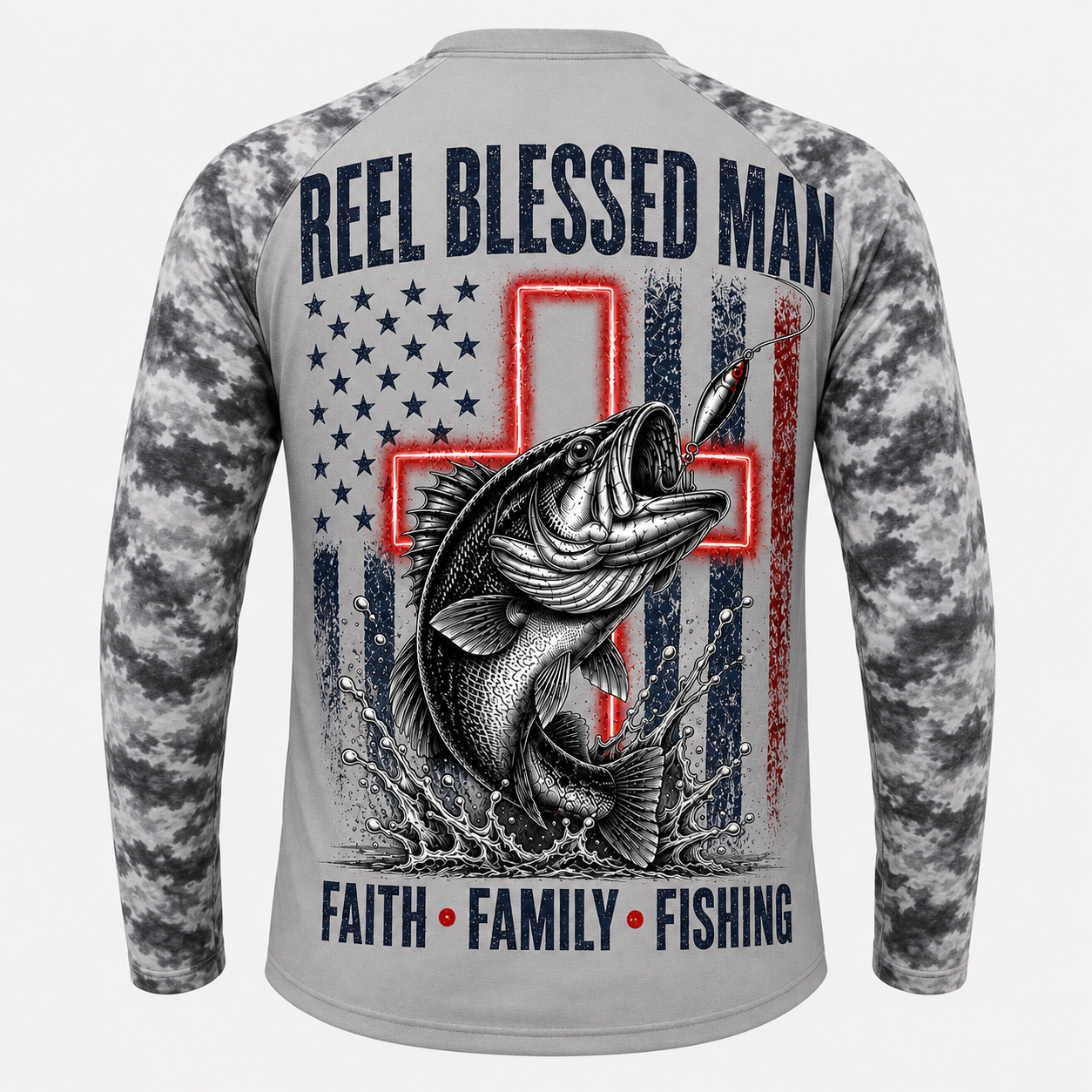 Reel Blessed Man Faith Family Fishing American Flag- Performance Shirt