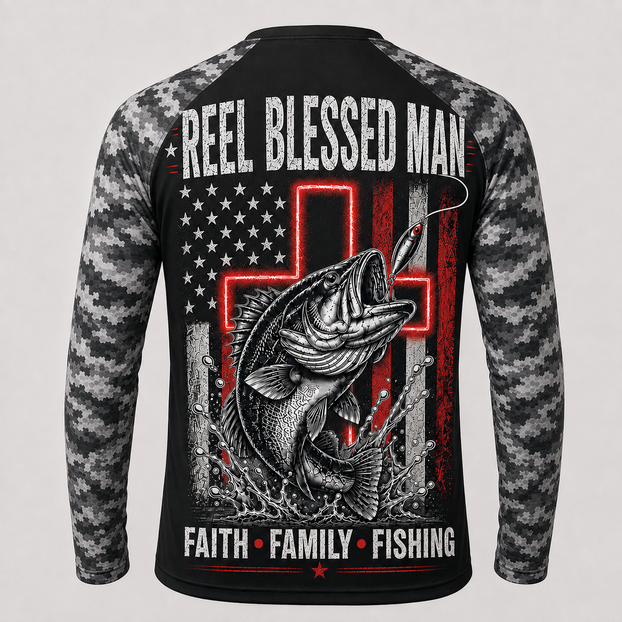 Reel Blessed Man Faith Family Fishing American Flag- Performance Shirt