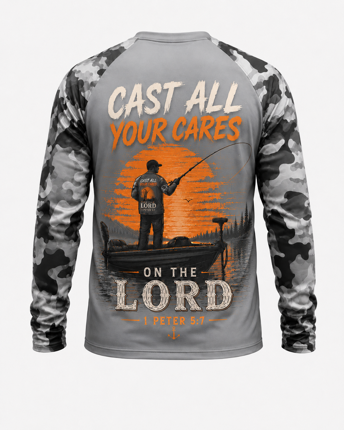 Cast All Your Cares On The Lord Christian Fishing Camo Long Sleeve Shirt
