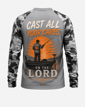 Cast All Your Cares On The Lord Christian Fishing Camo Long Sleeve Shirt