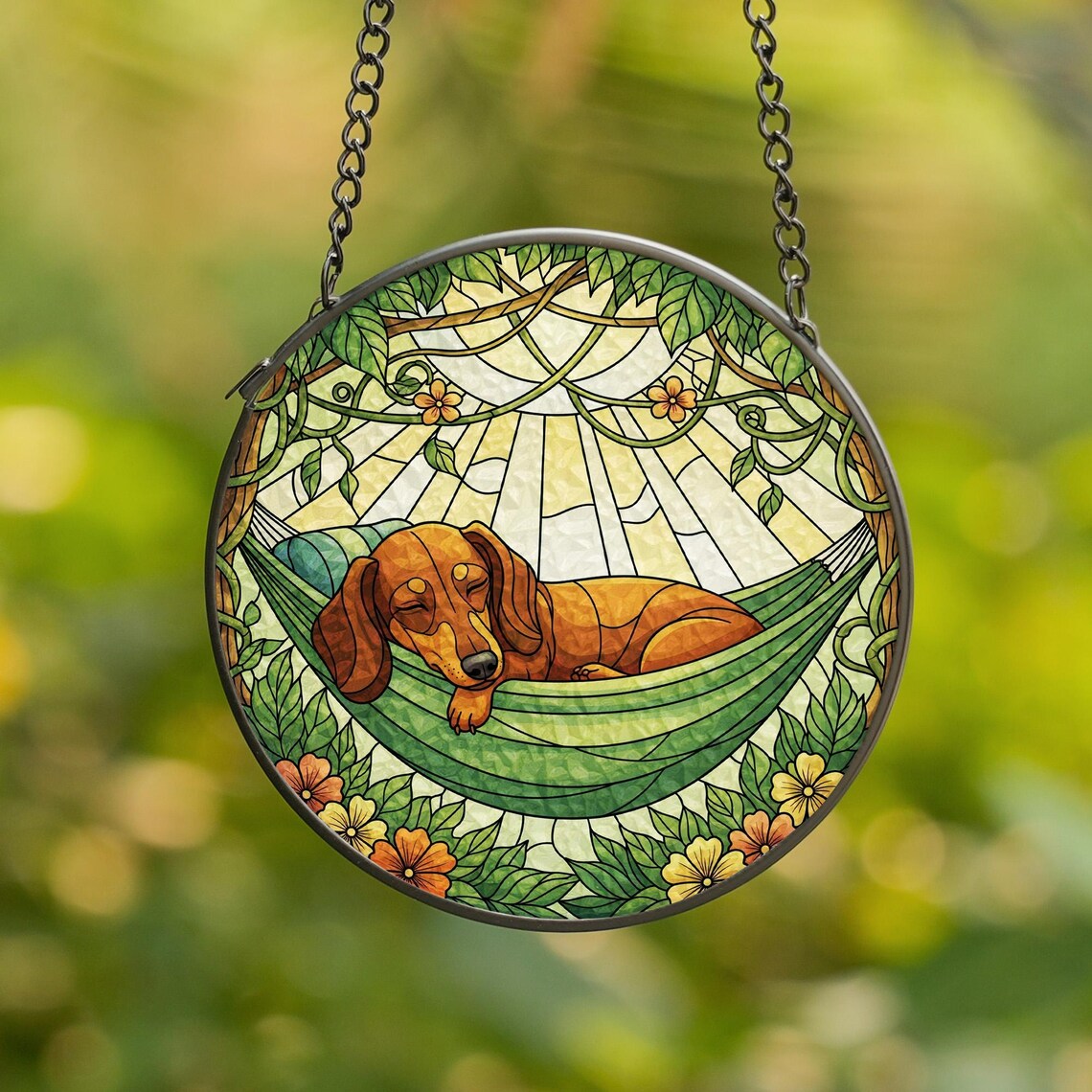 Dachshund Glass Suncatcher, Hammock Art, Dog Mom Gift