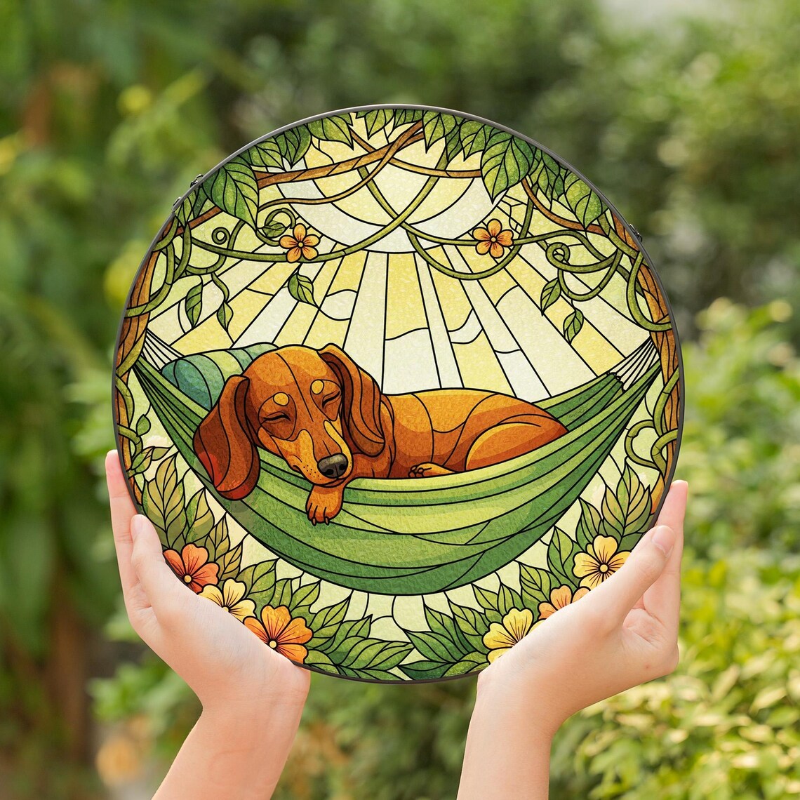 Dachshund Glass Suncatcher, Hammock Art, Dog Mom Gift